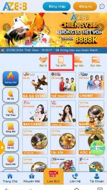 Tại giao diện trang chủ nhấn vào “Tải APP”